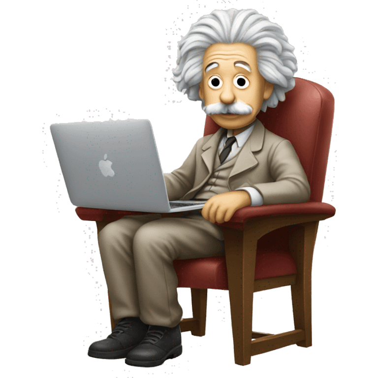 albert einstein sitting in the chair with apple macbook emoji