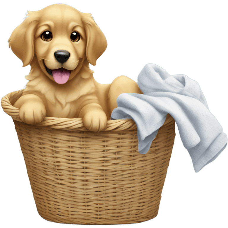 puppy golden retriever in a laundry basket with a sock in its mouth emoji