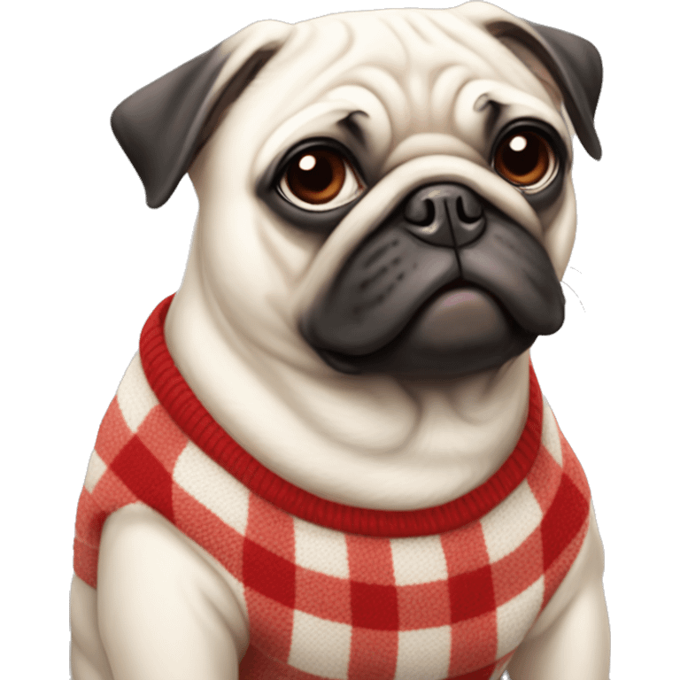 fully white pug wearing a red and white checkered sweater emoji