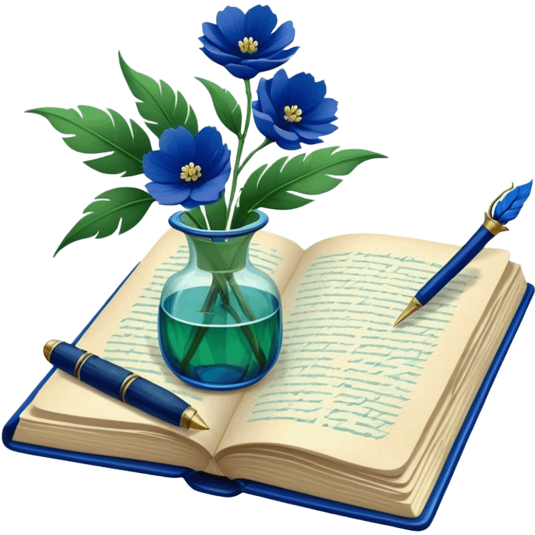 An artistic composition of an old green book with deep blue flowers in a glass vase, a quill pen resting nearby. emoji