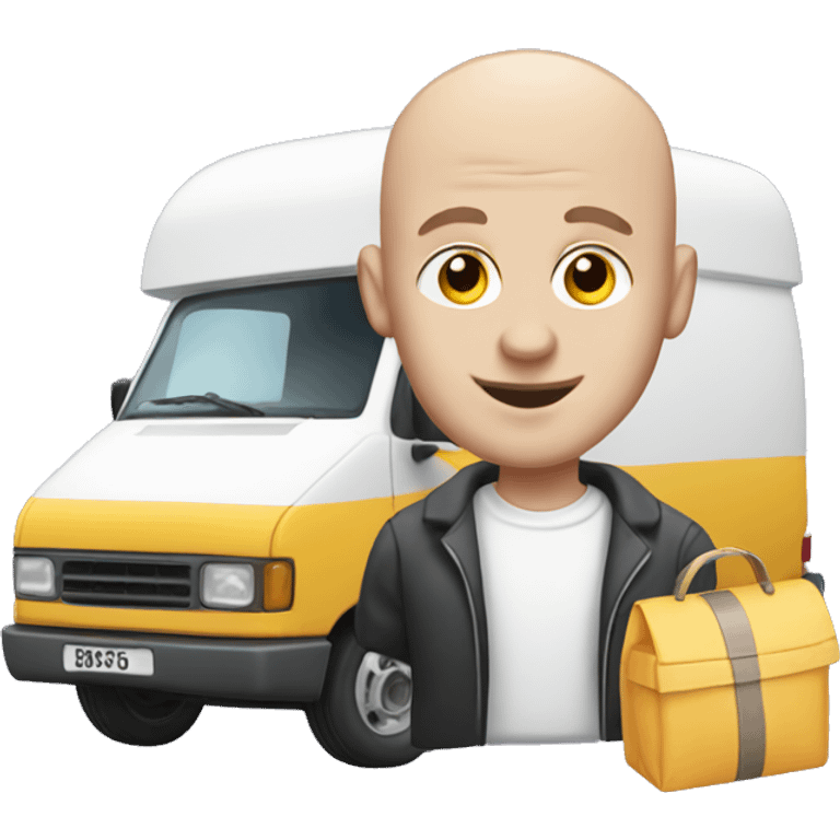 Bald man with a white van and a bag of sweets emoji