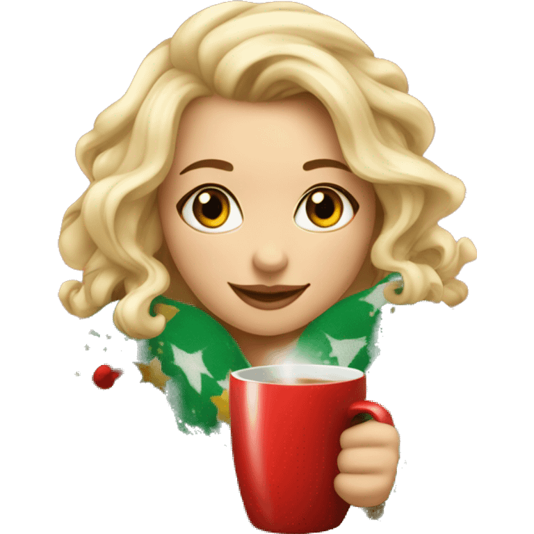 gorgeous girl with blond hair in cute Christmas blanket with mug of hot drink emoji