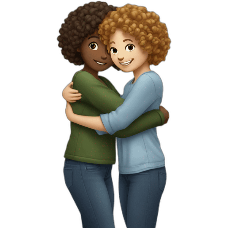 two friends girls with curly hair hugging emoji