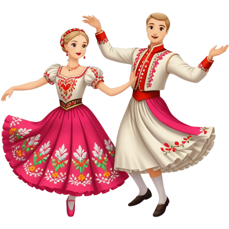 Cinematic Realistic scene of two dancers performing the Mazurka, dressed in vibrant traditional Polish costumes with intricate embroidery and flowing skirts, captured in graceful motion with warm, festive lighting emoji