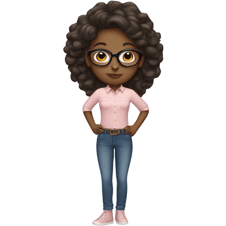 Brown girl with clear glasses and light pink shirt and blue jeans emoji