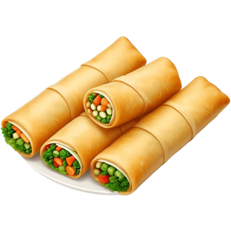 Cinematic Realistic Spring Rolls Dish Emoji, featuring golden, crispy rolls filled with fresh vegetables rendered with detailed textures and warm natural lighting. emoji