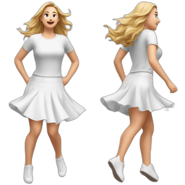 Hyperrealistic Full body Caucasian curvy beauty jumping short white skirt back and front views strong wind emoji