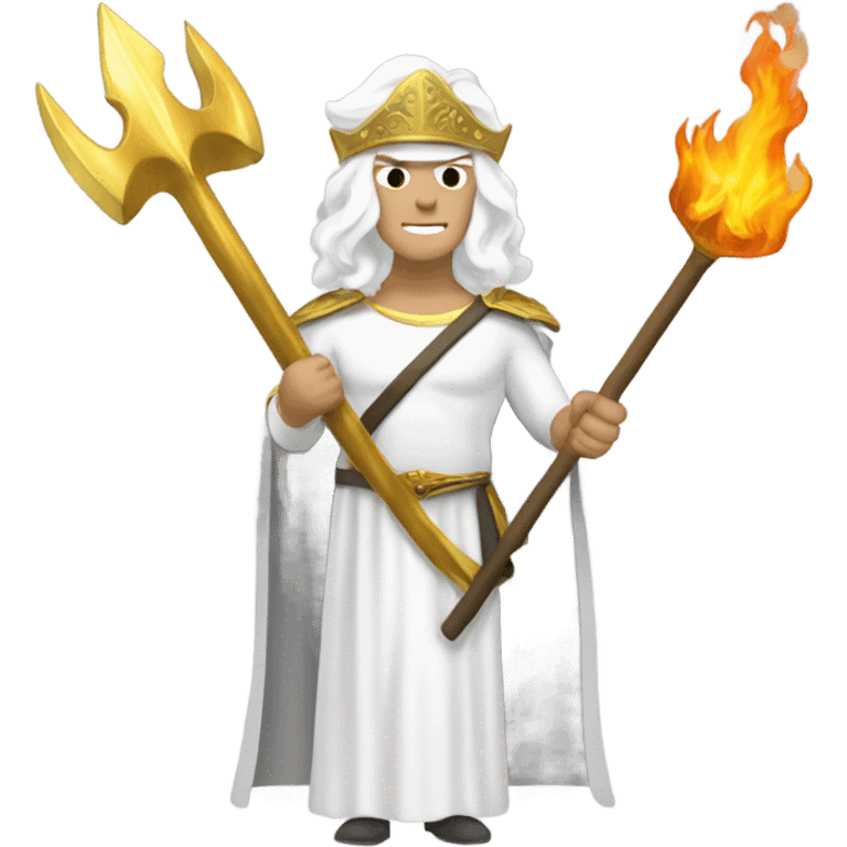 white man Poseidon with gold Trident. long white hair white dress.  with firefighter helmet emoji