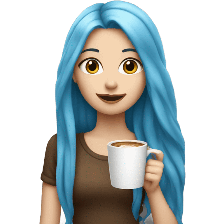 white skin girl with blue long hair drinking coffee emoji