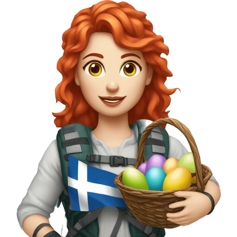 Greek Female winter mountaineer red hair white skin climbing with Greek Flag and Easter eggs basket emoji