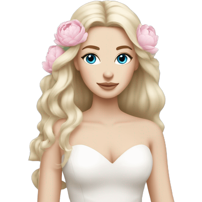 White bride with long light blonde hair and blue eyes with light pink peonies in hair white skin  emoji