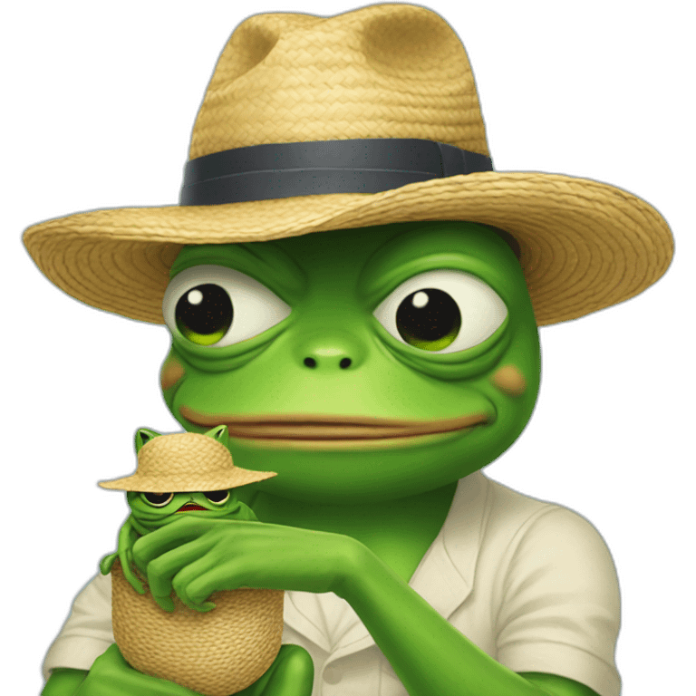 pepe frog holding cat with straw hat and he is sad  emoji