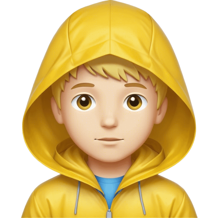 A beautiful, Caucasian boy wearing a yellow raincoat and a raincoat hood on his head emoji