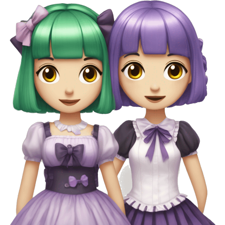 green haired girl with bang wears lolita dress and hugs girl with short purple hair emoji