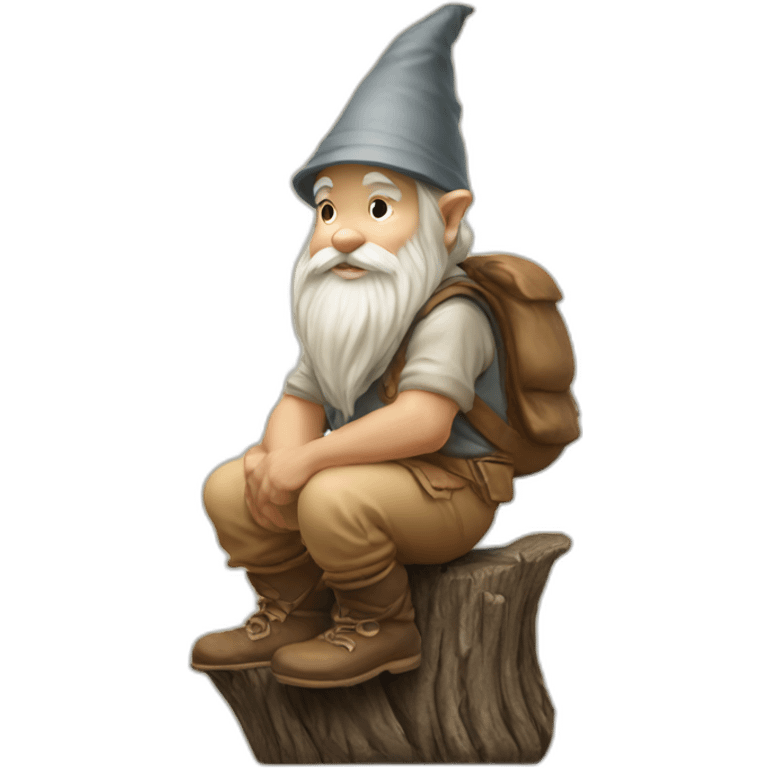 side view of gnome with light tan pants squatting on top of tiny brown log emoji