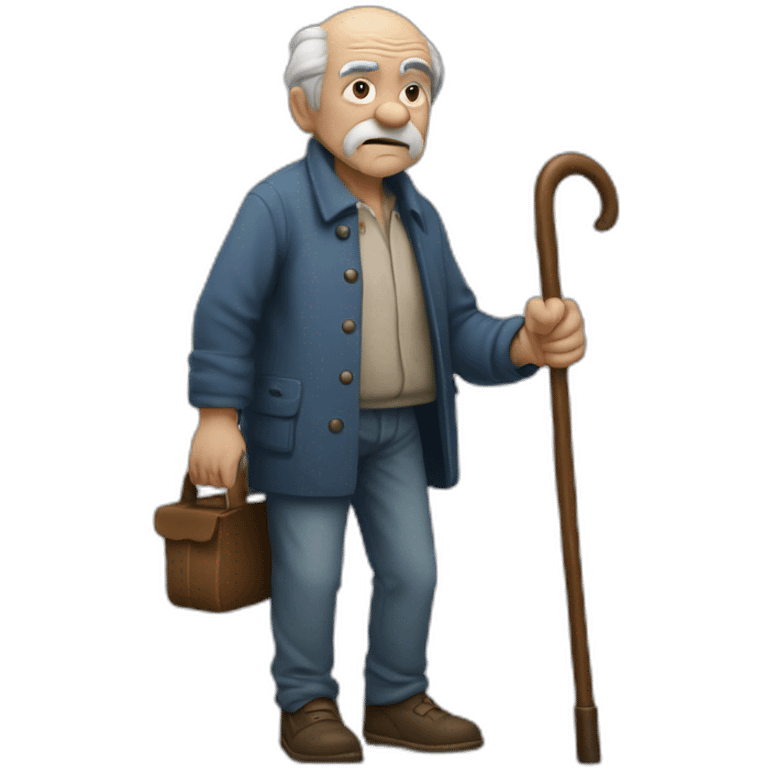 Old man leaning on a walking cane and holding his crancky back with his hand, grumpy face, detailed emoji