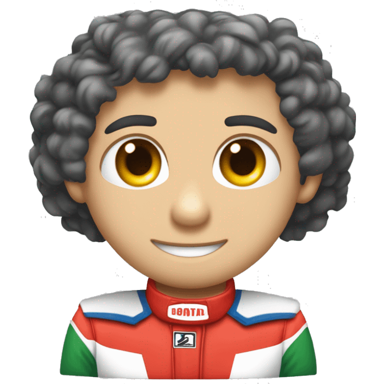 Crie um piloto de formula 1, loiro de, olhos verdes, marcacão vermelho, sorrindo e com os braços cruzados emoji