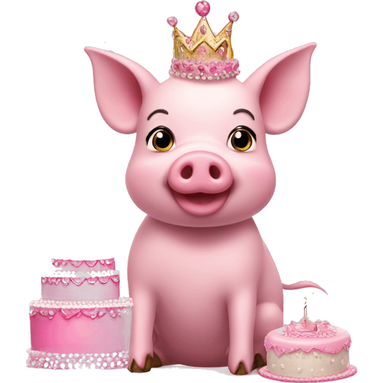 Pink pig in tutu and tiara with birthday cake  emoji