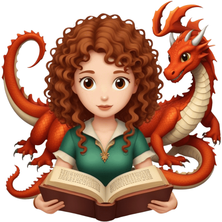 chestnut curly/wavy haired girl reading a fantasy book with dragons emoji