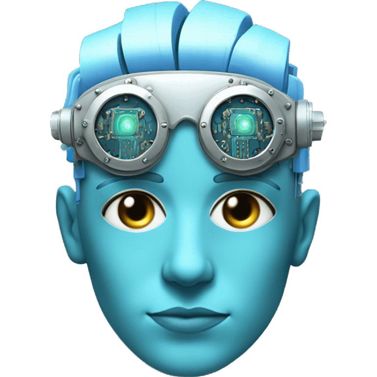 Pastel blue haired cyborg head with silver steampunk goggles and circuits emoji