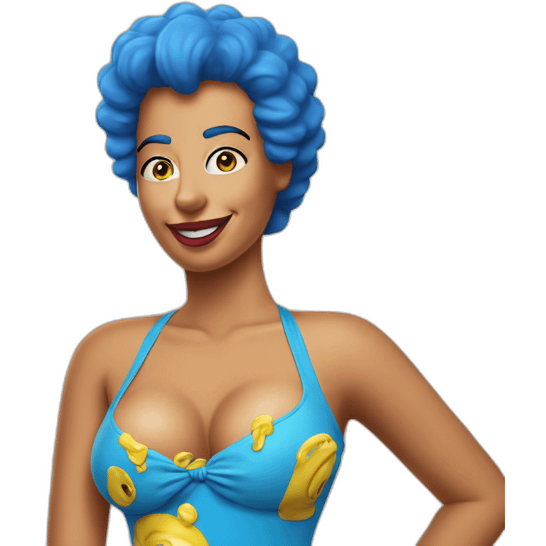 A Marge Simpson cosplayer wearing a swimsuit emoji