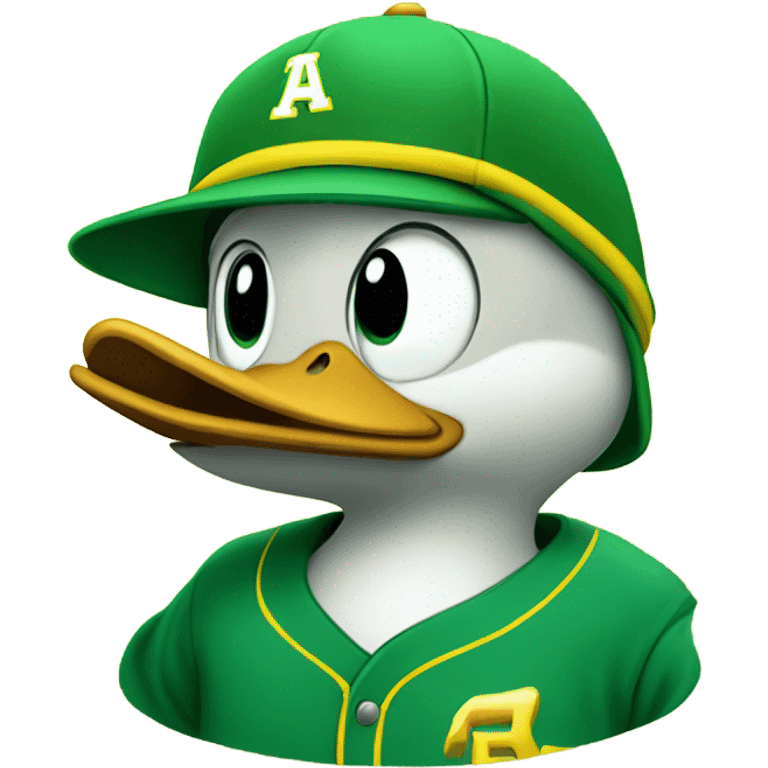 Cartoon mallard smiling with a green and yellow baseball hat on  emoji