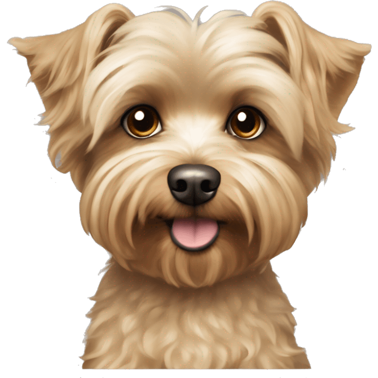 yorkie bichon mix. dog with light tan curly fur, long ears down. dark brown eyes, looks sadish. emoji