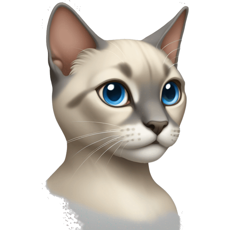 Thai breed cat with a light cream-brown body, dark gray face, ears, and paws. Short fur, sharp ears, and striking light blue eyes with an intense gaze. emoji