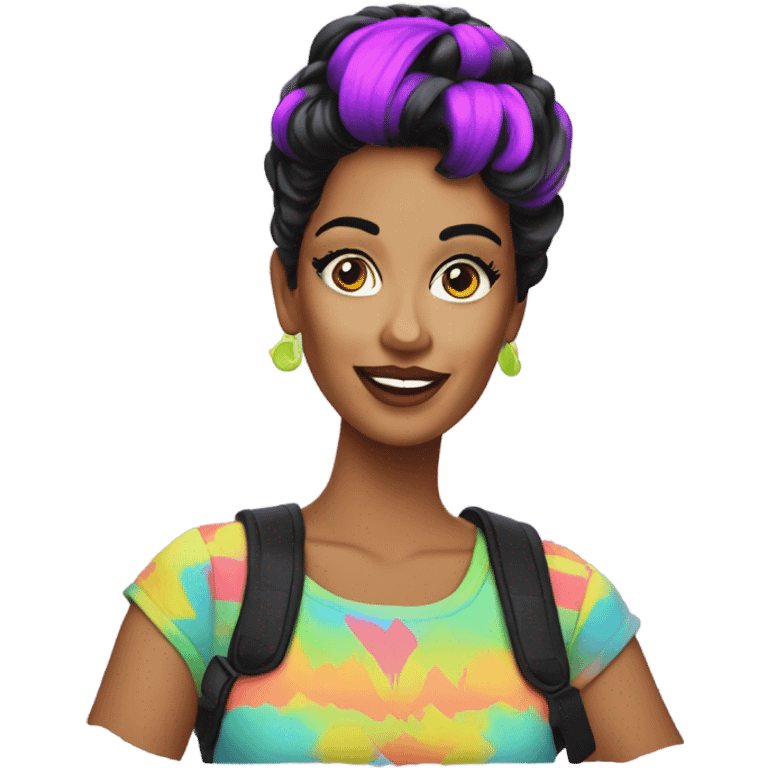 Tanned woman with black hair dressed in 1980s neon hair, makeup, and attire  emoji