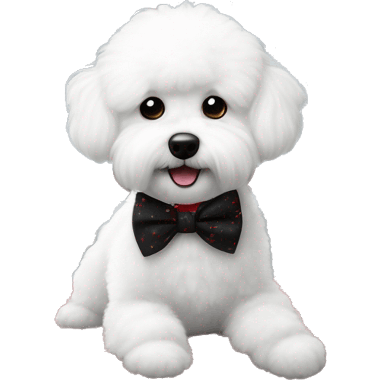 a little scruffy little bichon frisé that has  a bow tie sitting on a red and black big pillow looking happy in front a window looking outside a winter scene where snow flakes are falling  emoji