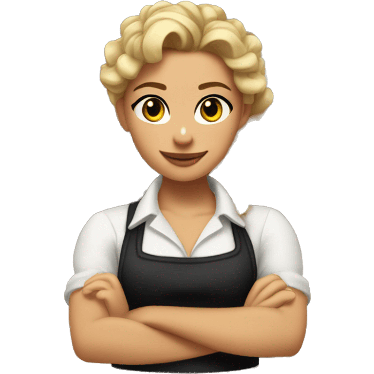 Waitress with white shirt and black apron, curly dirty-blonde hair in a pony tail, hazel eyes, lots of bohemian jewelry and bracelets  emoji