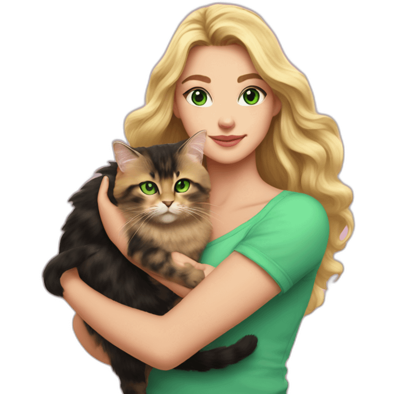 woman with green eyes and long wavy blonde hair and big boobs in a pink shirt is holding a very fluffy and fat black and tortoiseshell cat emoji