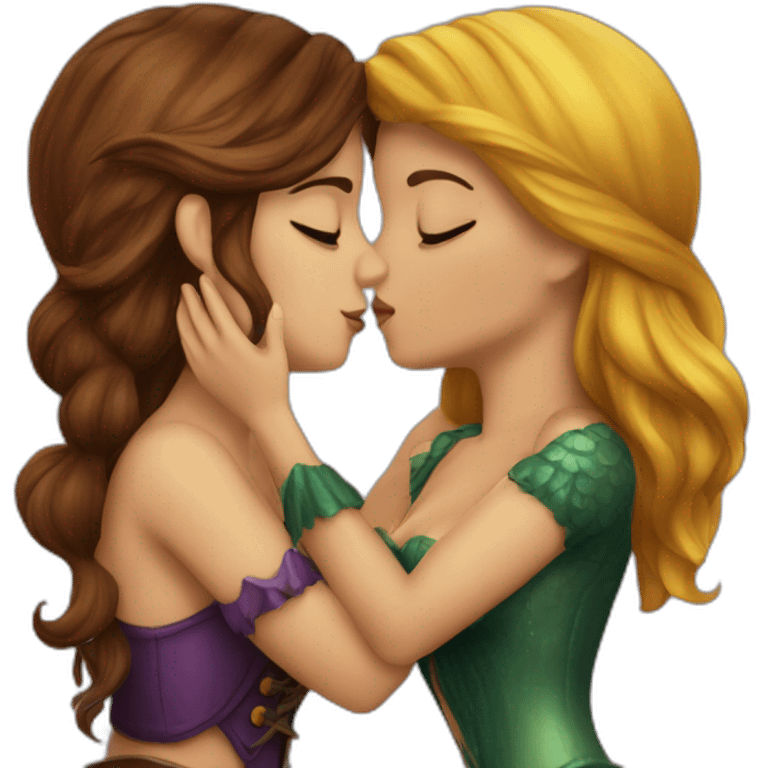 Brown haired mermaid and woman pirate kissing emoji