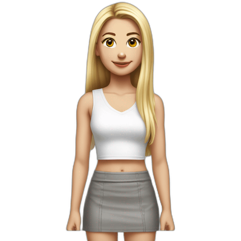 hyperrealist caucasian girl, long straight blonde hair, white v-neck laced crop tanktop, grey tight micro skirt emoji