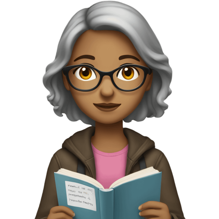 girl reading book, black eyes, Hispanic, grayish hair, wearing classes  emoji