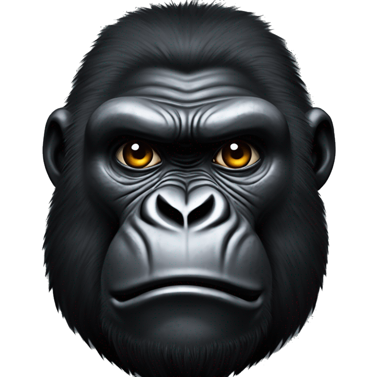 Gorilla-like face, stern expression, deep-set eyes, rugged features, short dark fur. Shadowy lighting, intense and primal gaze, scars on skin, battle-worn look. emoji