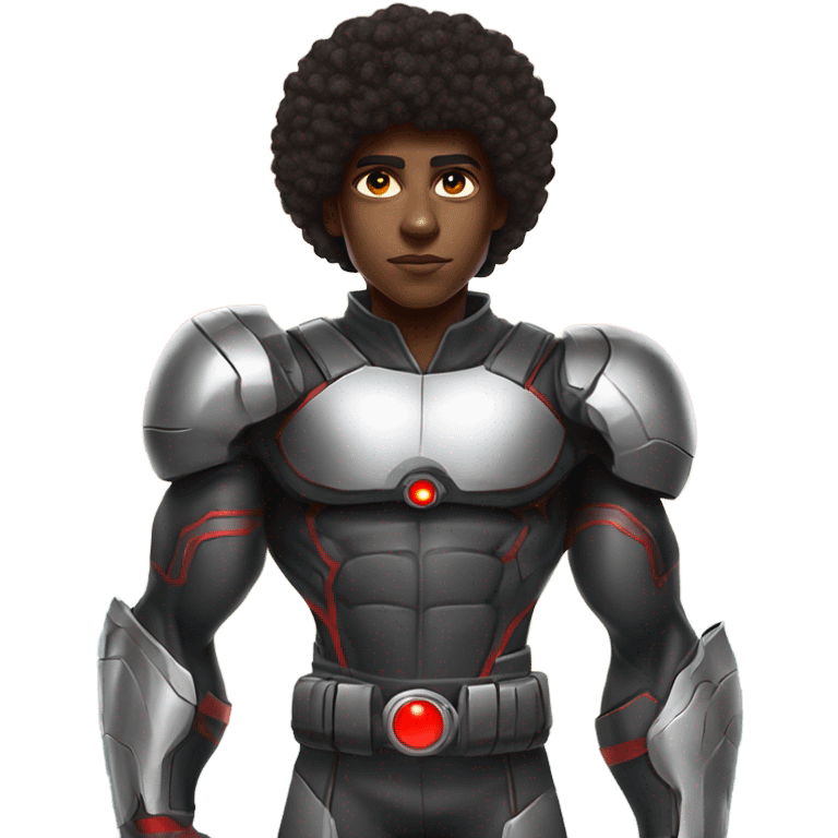 Muscular Afro teenage boy in a Cyborg superhero costume with a red left eye standing on a spaceship. emoji