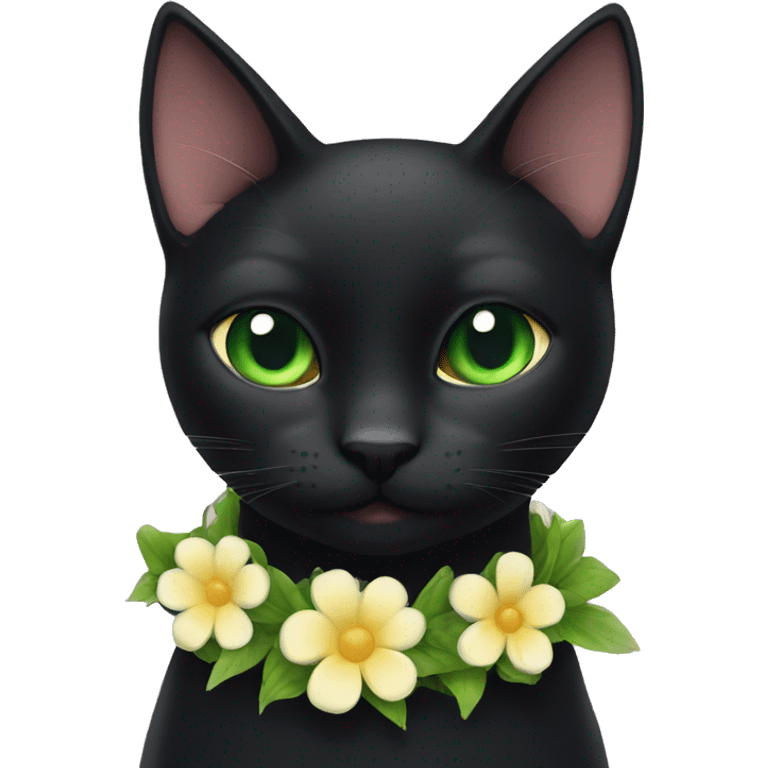 Black cat with green eyes & a flower collar emoji