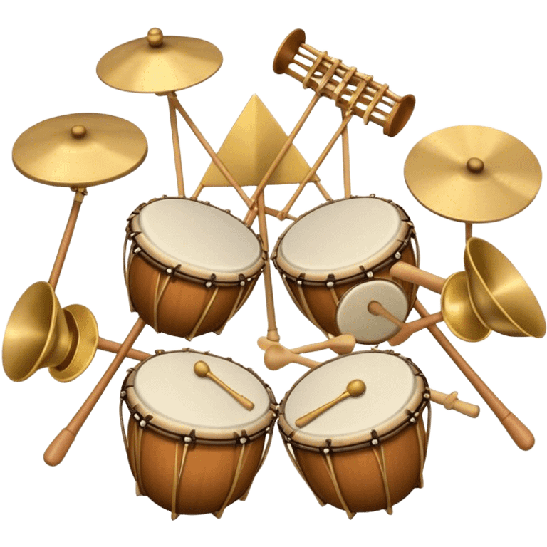 Create a heraldic, festive, and professional emblem-like emoji representing percussion instruments. The design should resemble a traditional crest, featuring a variety of percussion instruments such as cymbals, triangle, tambourine, maracas, timpani, bongo drums, and other traditional folk percussion instruments. Arrange them symmetrically, with cymbals crossing each other, the triangle at the center, and timpani or bongo drums flanking the sides. Include tambourines and maracas prominently, adding rhythm and texture. A flowing ribbon of musical notes should elegantly weave through the instruments, enhancing the sense of movement and celebration. Add intricate decorative patterns on the instruments, along with ornamental swirls, laurels, or flourishes to elevate the festive and heraldic feel. The overall composition should be balanced, harmonious, and visually striking, with an elegant and professional look. The background should be transparent. emoji