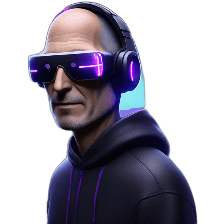 Steve Jobs wearing a black hoodie with "OMG" letters on it and VR headset in a cyberpunk VR environment with violet neon lighting. emoji