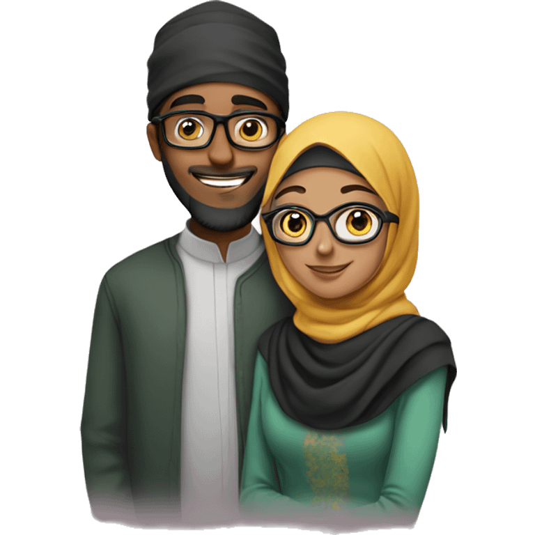 A young Muslim woman with green glasses and her young Muslim husband hug emoji