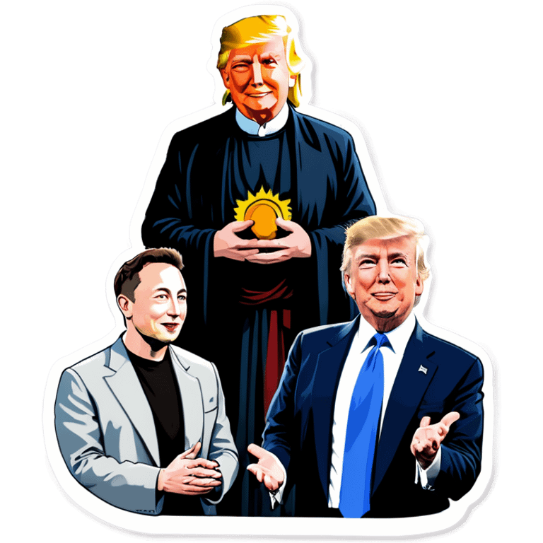 Jesus, Buddha, Elon Musk, Jeff Bezos, and Trump in a meeting emoji