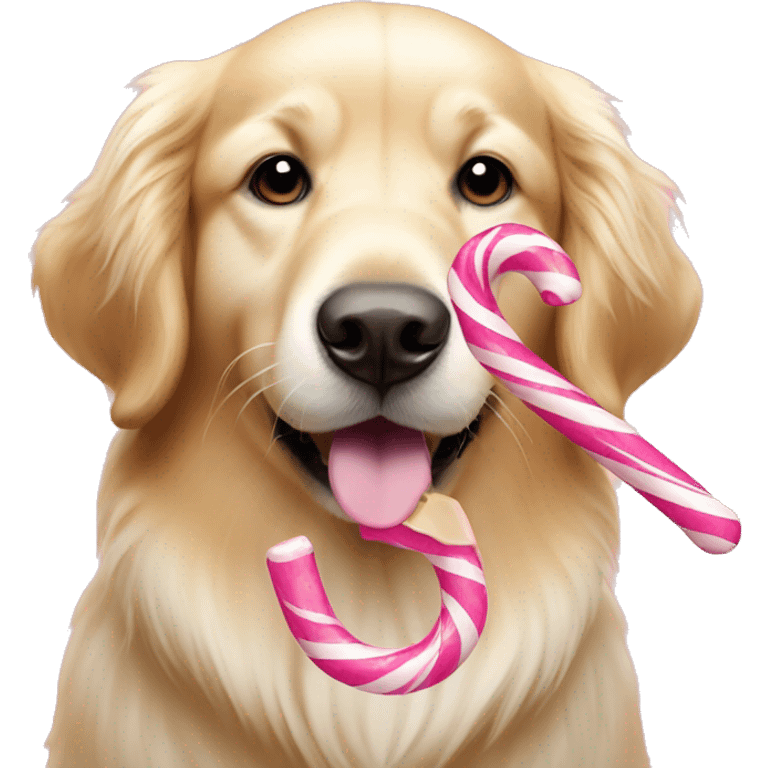 A golden retriever holding a pink and white candy cane toy emoji