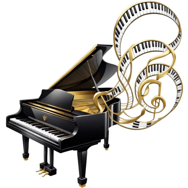 Create an elegant and festive emoji collage representing keyboard instruments, styled like a heraldic emblem. The design should feature a central focal point of black and white piano keys, arranged in a semi-circular or shield-like shape. Around the piano keys, add intertwining musical notes that form flowing ribbons, creating a dynamic and celebratory atmosphere. The design should be professional, with polished silver and gold accents on the keys and notes, highlighting the luxury and sophistication of the instruments. Add subtle shading and lighting effects to give the design a refined, 3D appearance. The background should remain transparent, and the overall feel should evoke grandeur, artistry, and a sense of celebration. emoji