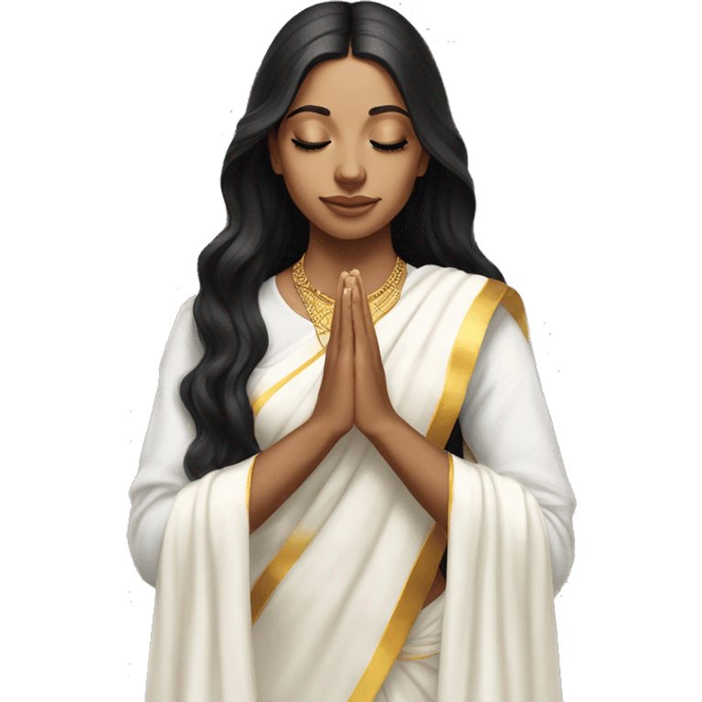 Light skin ;Black long hair wearing white saree praying infront a white temple emoji