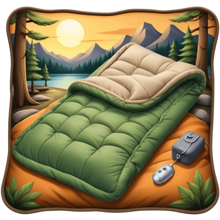 Cinematic Realistic Sleeping Bag, plush and slightly wrinkled, rich fabric texture catching the firelight, glowing with warmth and inviting coziness, nestled within a peaceful campsite. emoji