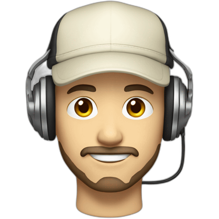 DJ with a cream white hat and headphones hanging over the cap. Brown hair. Short trimmed beard and mustache. Muscular emoji