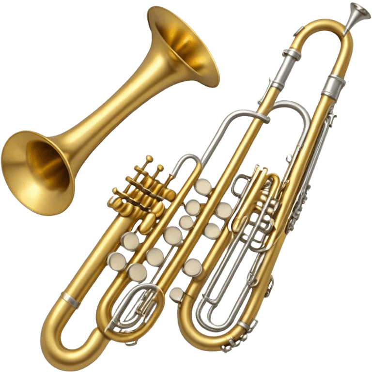 Create a simple and symbolic emoji collage representing wind instruments. Include a variety of iconic elements like the bell of a trumpet, the mouthpiece of a saxophone, and a subtle outline of a trombone. Arrange the elements in a dynamic and balanced way. Use warm metallic tones like gold, brass, and silver for the instruments, with a clean and minimalist design. The background should be transparent, focusing on the shapes and silhouettes of the instruments to convey their essence without excessive detail. emoji