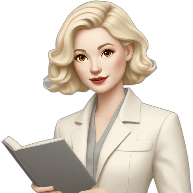 pale skin woman with ash blonde Straightened bob Hair, White Spacious classical jacket, beige palazzo Arrow pants and gray blouse holding a color palette in the hands emoji