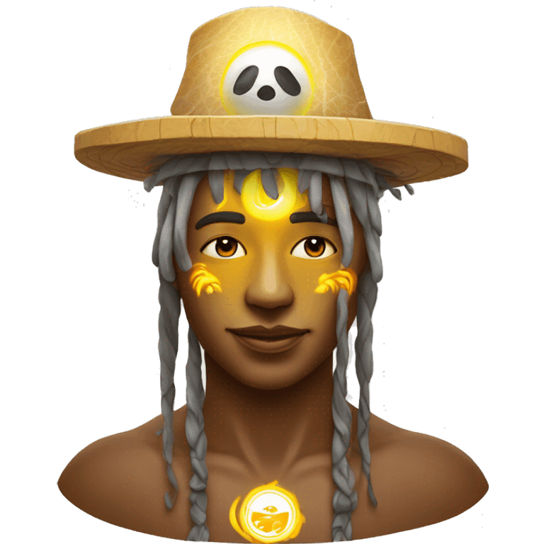 Shamanic rituals for influencing weather, shaman wearing belgian soccer team bucket hat, sun is shining emoji